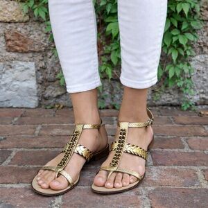 DONALD J. PLINER Gold Leather Ankle Strap Sandals, 9B